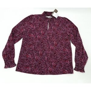 J Jill Shirt Womens Small Pink Purple Floral Ruffle Mock Neck Keyhole Stretch